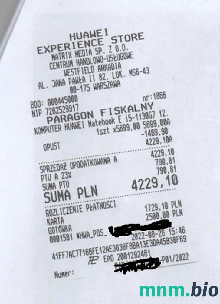 Huawei Store przykładowy czek płatniczy PSD